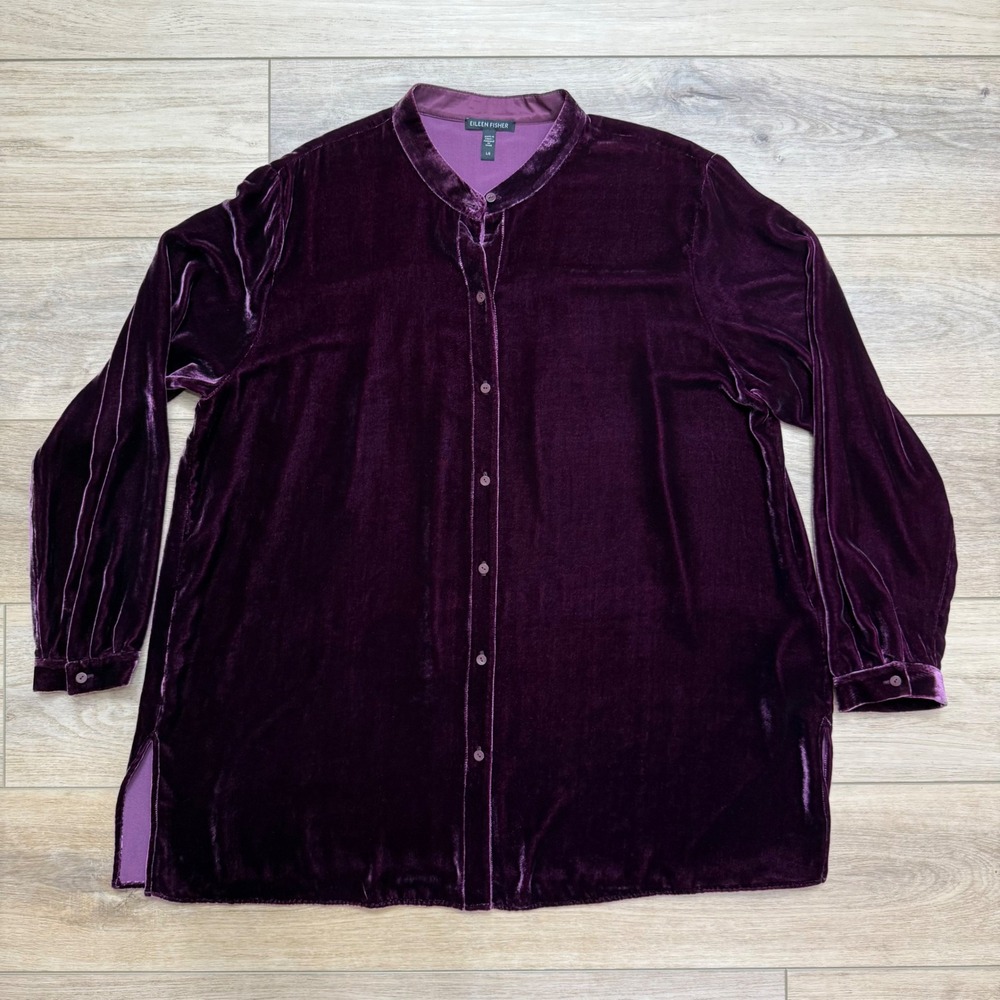 Eileen Fisher Womens Purple Silk Blend Velvet Mandarin Collar Button Front Tunic